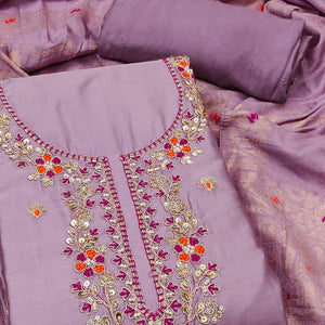 Lavender Pure Cotton Dress Material Featuring Floral Sequins Cording Embroidery With Moti Handwork