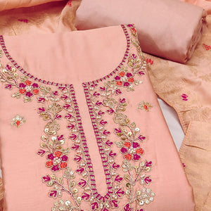 Peach Pure Cotton Dress Material Featuring Floral Sequins Cording Embroidery With Moti Handwork