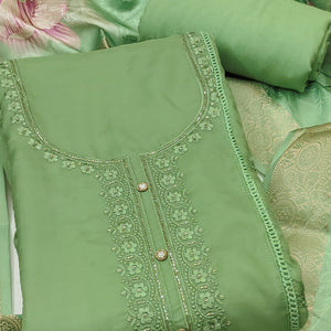 Green Organza Dress Material Adorned With Floral Thread Embroidery & Elegant Handwork