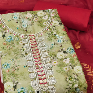 Green Floral Digital Printed Cotton Blend Dress Material Embellished With Moti Hand Embroidery