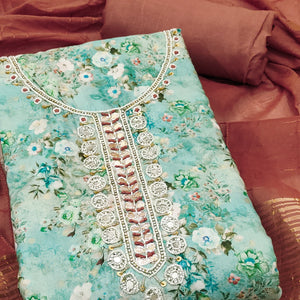 Turquoise Floral Digital Printed Cotton Blend Dress Material Embellished With Moti Hand Embroidery