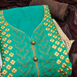 Turquoise Ensemble In Chanderi Silk Dress Material Adorned With Graceful Floral Thread Embroidery