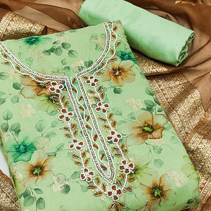 Green Floral Digital Printed Banarasi Chanderi Silk Dress Material Enhanced With Hand Work