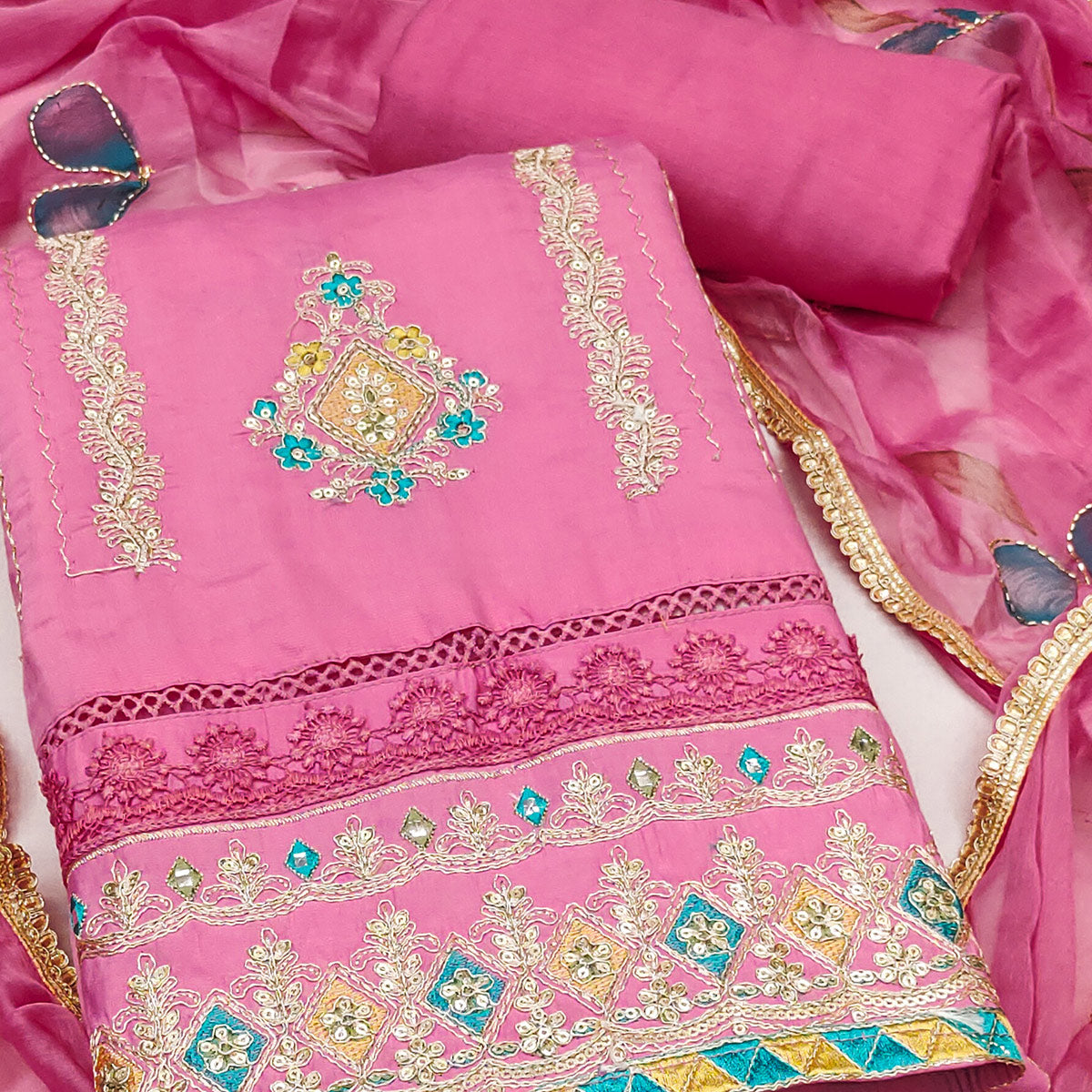 Pink Cotton Silk Dress Material Enhanced With Exquisite Floral Cording Embroidery & Sequins Work