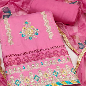 Pink Cotton Silk Dress Material Enhanced With Exquisite Floral Cording Embroidery & Sequins Work