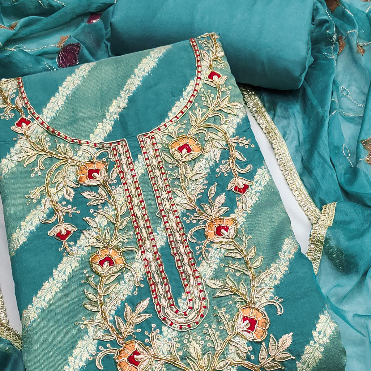 Blue Floral Zari Weaving & Sequins With Handwork Embellished Shimmer Dress Material