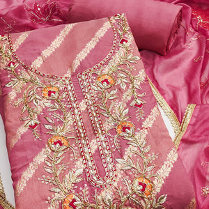 Pink Floral Zari Weaving & Sequins With Handwork Embellished Shimmer Dress Material