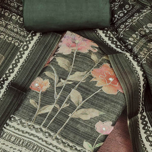 Green Floral Digital Printed With Embroidered Cotton Silk Dress Material For Traditional Look