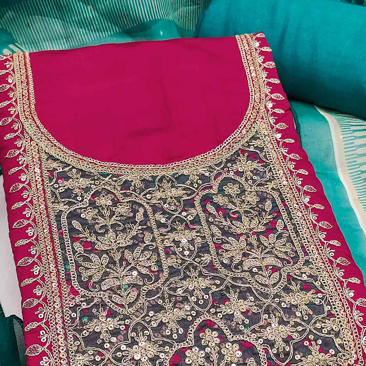 Pink Unstitched Dress Material in Cotton Blend with Elegant Sequins & Floral Embroidery