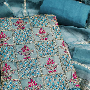 Blue Floral Thread Embroidered Viscose Dress Material With Sequins For Sophisticated Ethnic Style