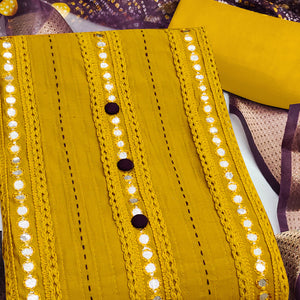 Mustard Cotton Silk Dress Material Enhanced With Intricate Thread Embroidery & Gota Patti Work