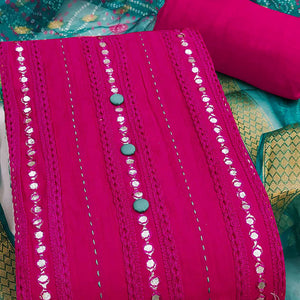 Pink Cotton Silk Dress Material Enhanced With Intricate Thread Embroidery & Gota Patti Work
