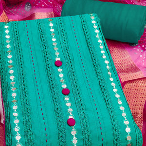 Turquoise Cotton Silk Dress Material Enhanced With Intricate Thread Embroidery & Gota Patti Work