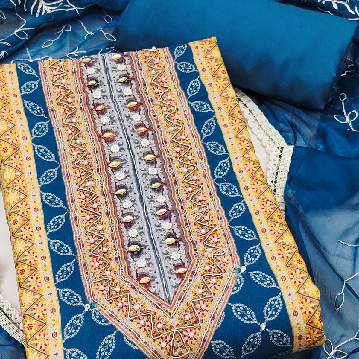 Blue & Orange Pure Cotton Dress Material With Digital Prints & Elegant Moti Handwork Accents