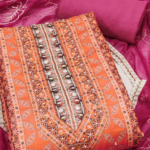 Magenta & Orange Pure Cotton Dress Material With Digital Prints & Elegant Moti Handwork Accents
