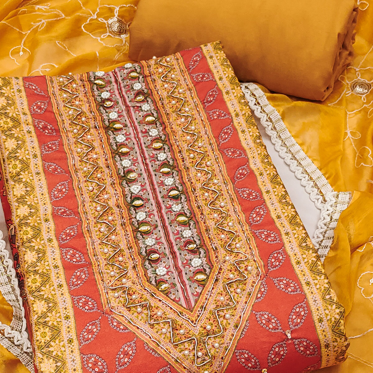 Mustard & Orange Pure Cotton Dress Material With Digital Prints & Elegant Moti Handwork Accents
