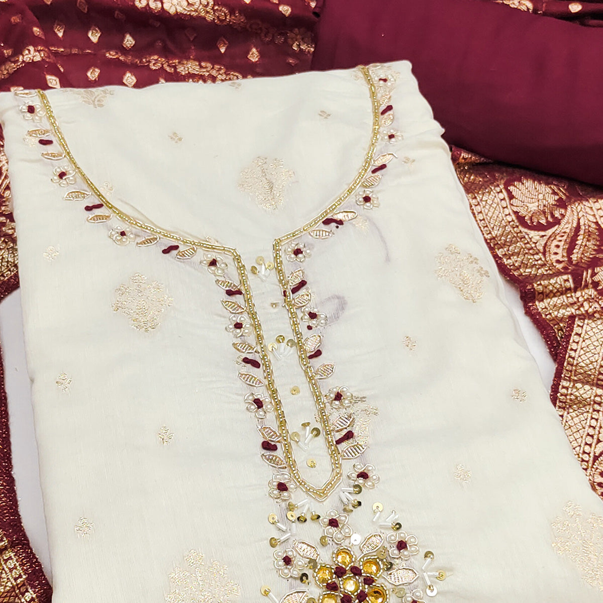 Off White & Maroon Beads Work Cotton Silk Dress Material in Weaving Style