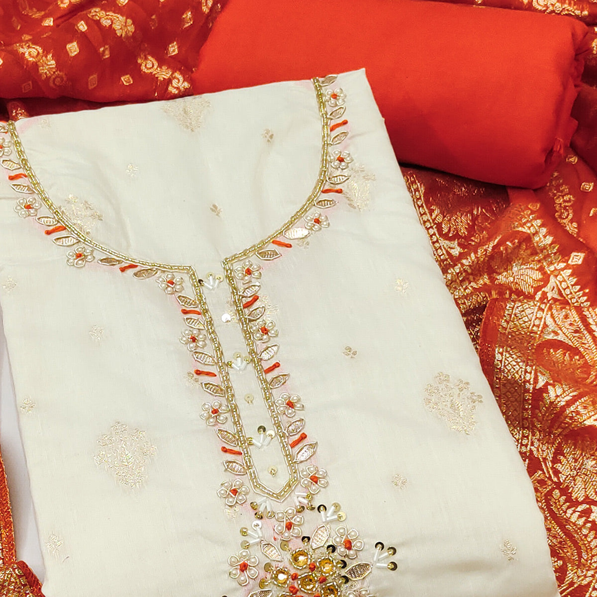 Off White & Orange Beads Work Cotton Silk Dress Material in Weaving Style