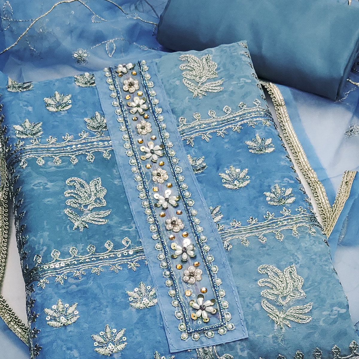 Blue Organza Dress Material With Floral Sequins Embroidery & Delicate Moti Handwork