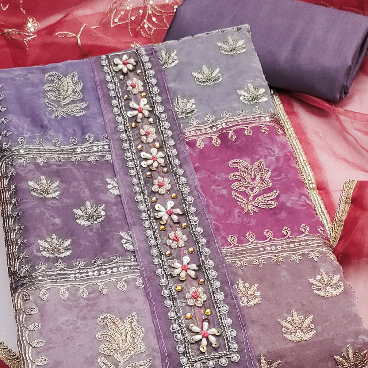 Purple Organza Dress Material With Floral Sequins Embroidery & Delicate Moti Handwork