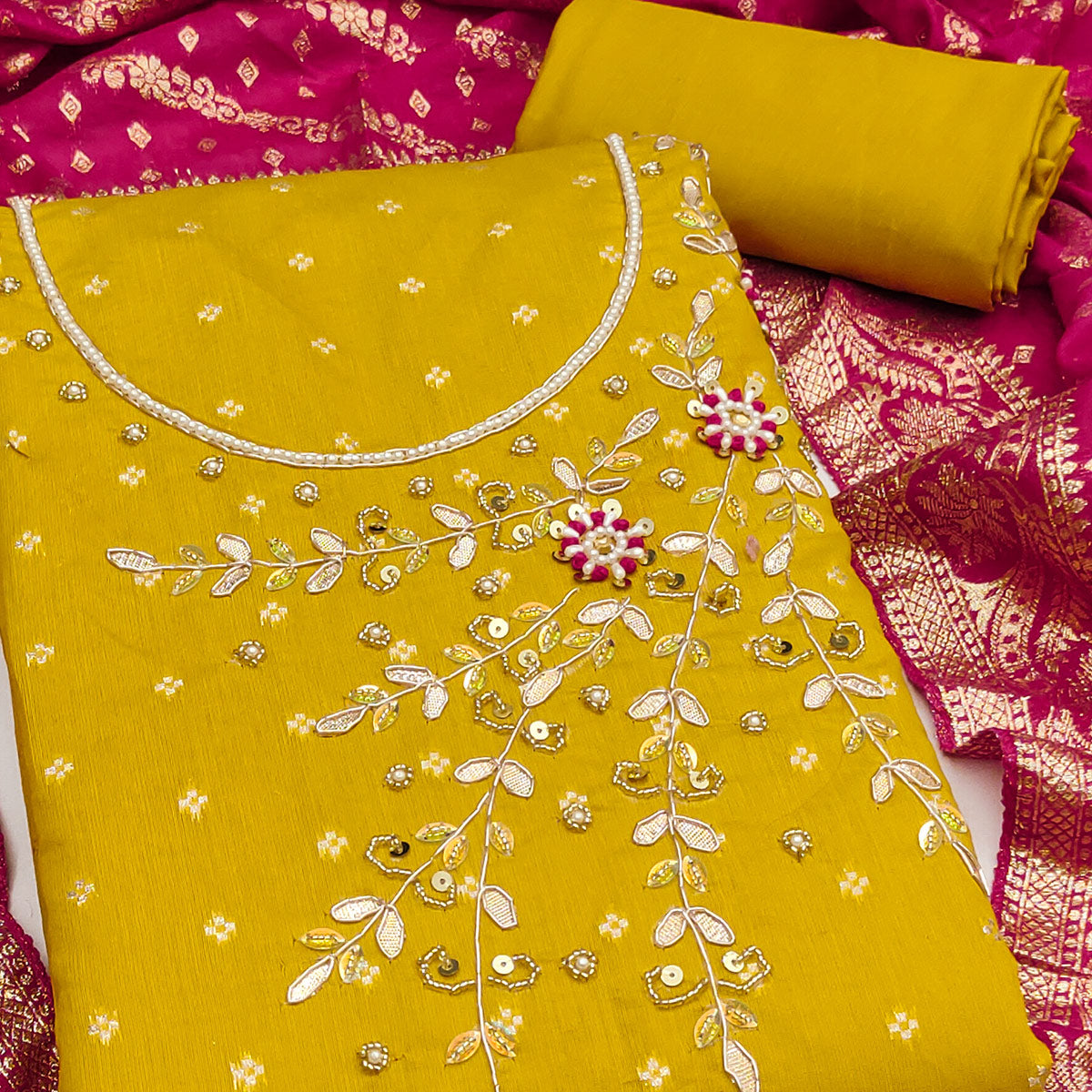 Mustard Unstitched Cotton Silk Dress Fabric with Gota Patti Embroidery and Woven Finish
