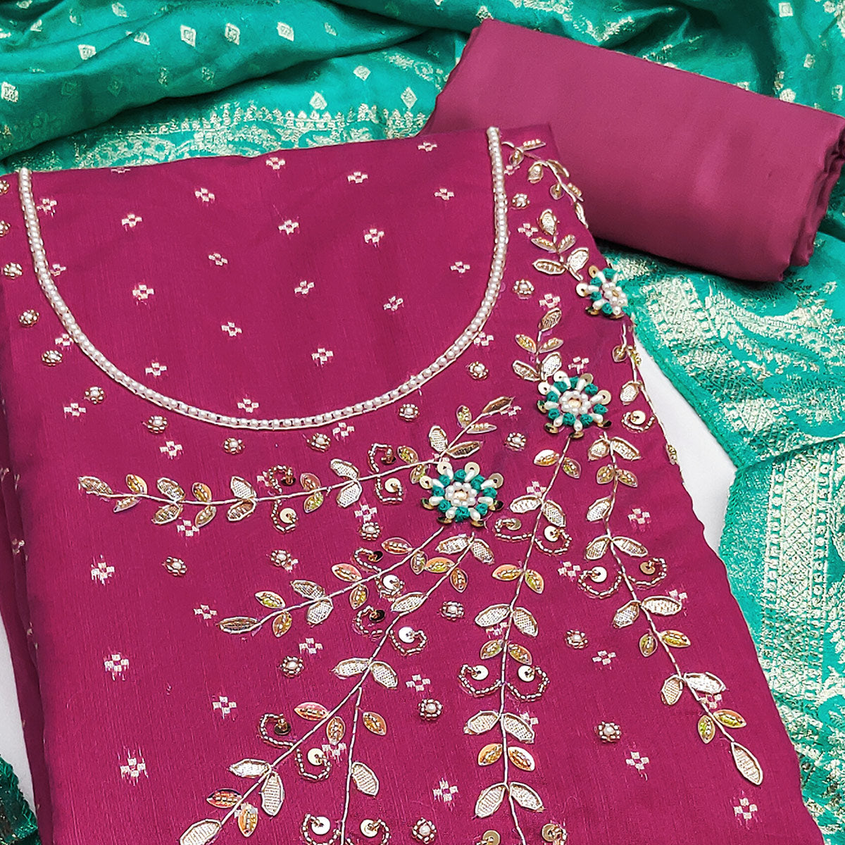 Pink Unstitched Cotton Silk Dress Fabric with Gota Patti Embroidery and Woven Finish