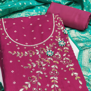 Pink Unstitched Cotton Silk Dress Fabric with Gota Patti Embroidery and Woven Finish