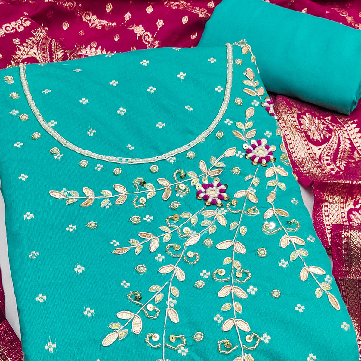 Turquoise Unstitched Cotton Silk Dress Fabric with Gota Patti Embroidery and Woven Finish
