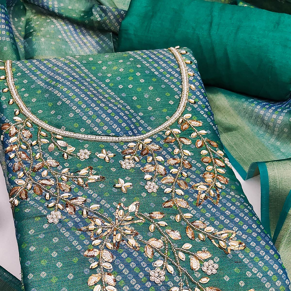 Bandhani Printed Green Cotton Silk Dress Material with Hand Embellishment