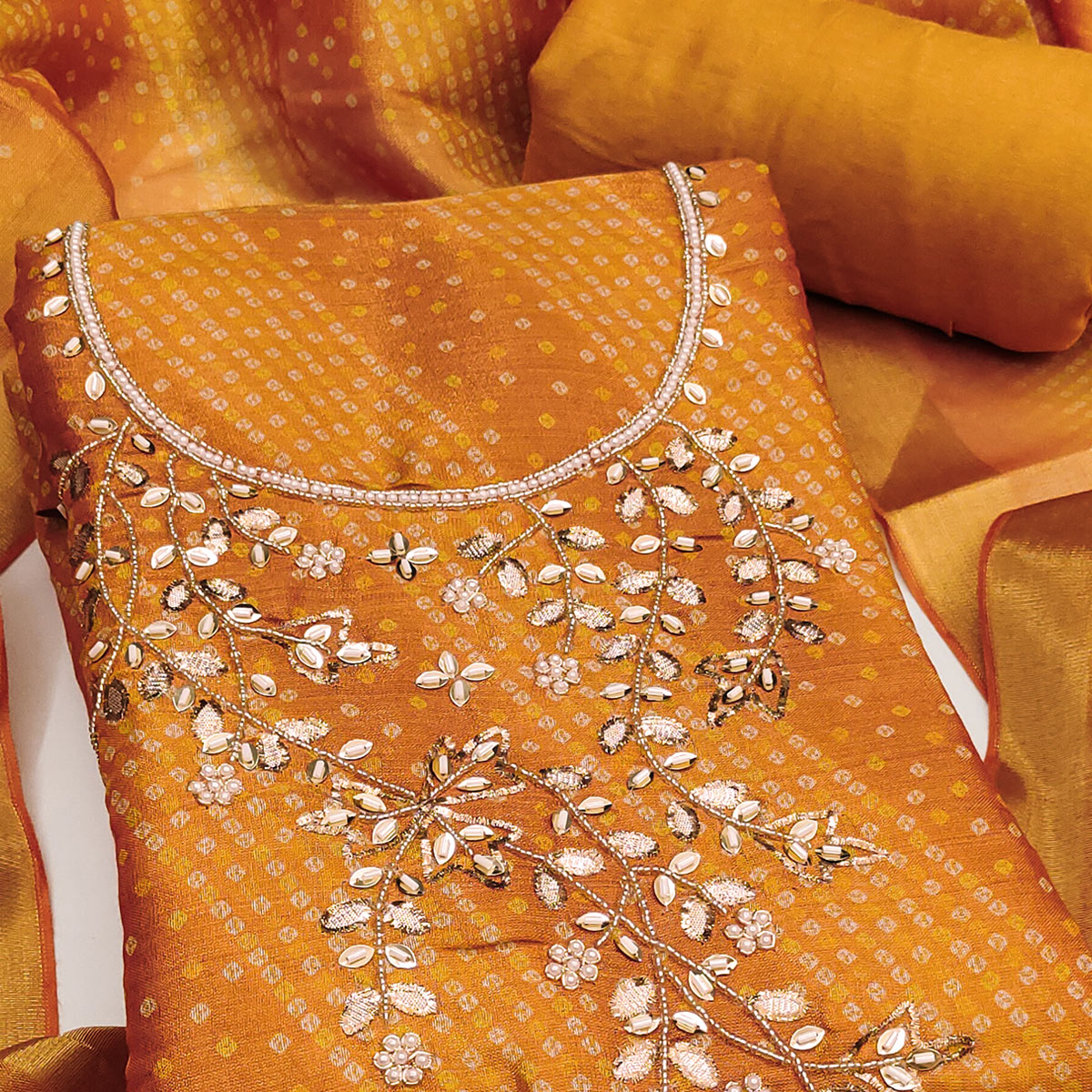 Bandhani Printed Mustard Cotton Silk Dress Material with Hand Embellishment