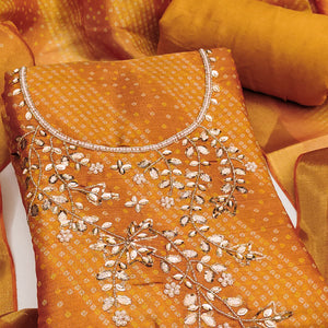 Bandhani Printed Mustard Cotton Silk Dress Material with Hand Embellishment