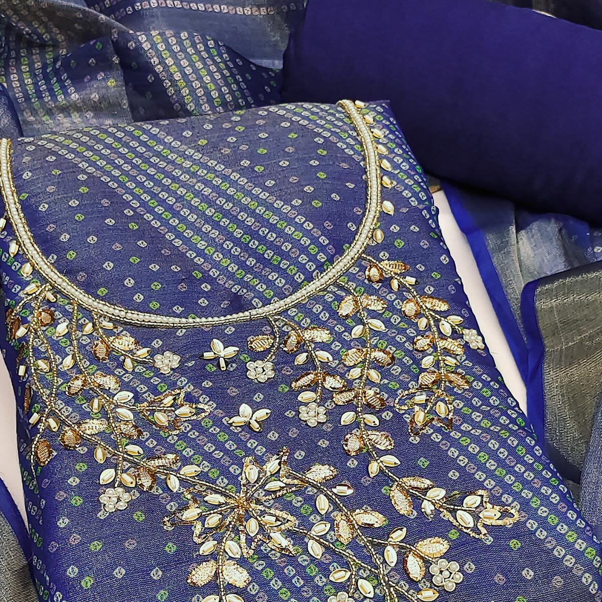 Bandhani Printed Navy Blue Cotton Silk Dress Material with Hand Embellishment