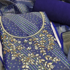 Bandhani Printed Navy Blue Cotton Silk Dress Material with Hand Embellishment