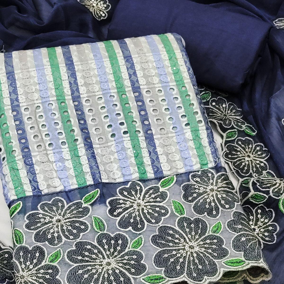 Soft and Comfortable Blue Pure Cambric Cotton Dress Fabric with Fine Floral Embroidery