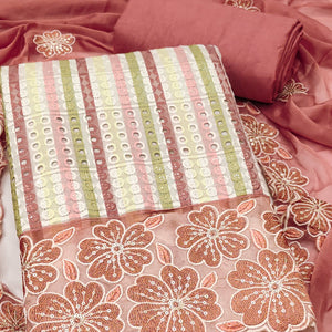 Soft and Comfortable Dusty Rose Pink Pure Cambric Cotton Dress Fabric with Fine Floral Embroidery