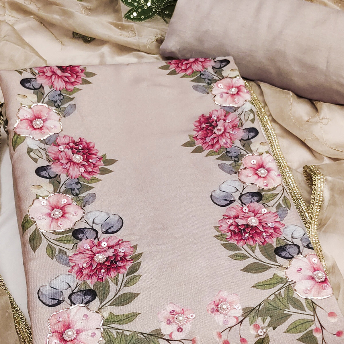 Beige Rayon Fabric with Floral Print Dress Material