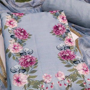 Powder Blue Rayon Fabric with Floral Print Dress Material
