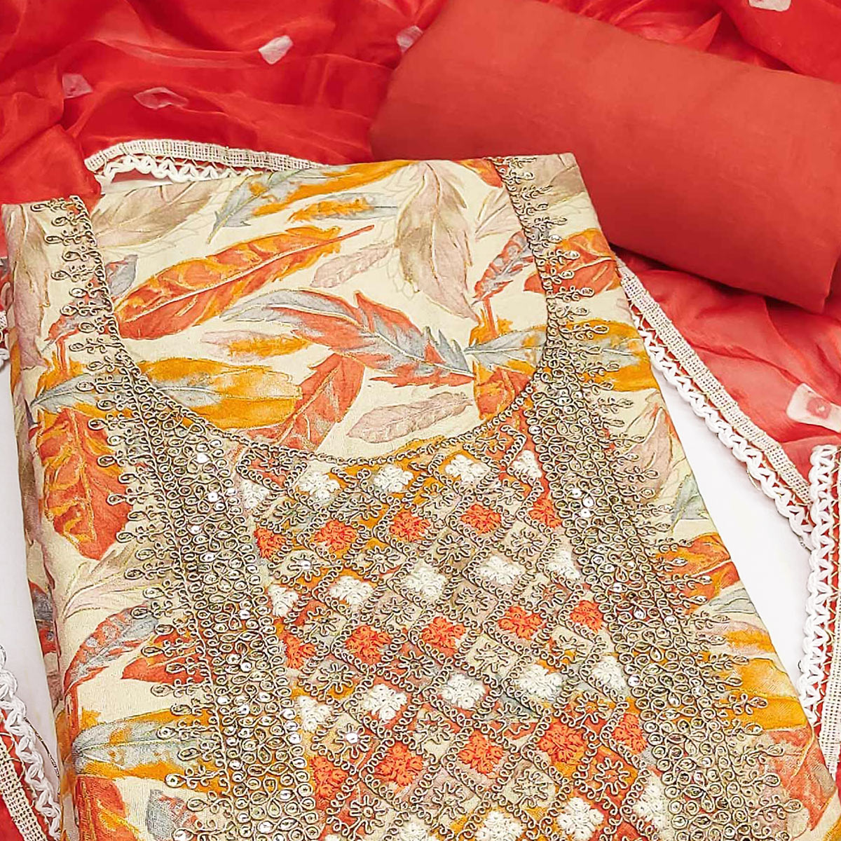 Off White & Orange Floral Printed Pure Cotton Unstitched Dress Material