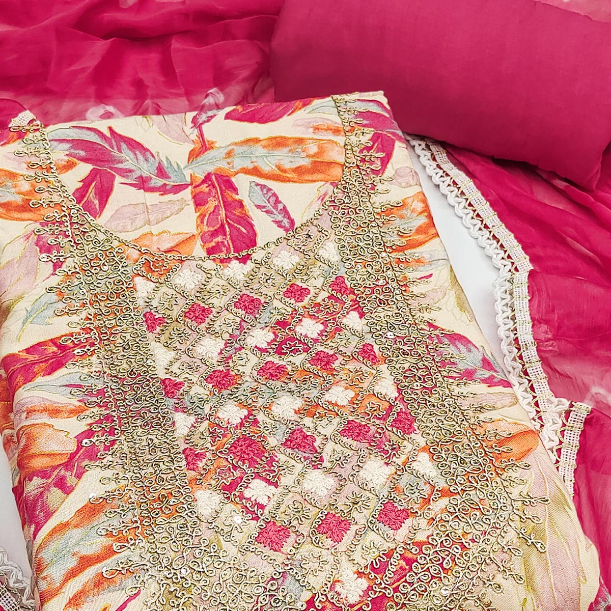 Off White & Pink Floral Printed Pure Cotton Unstitched Dress Material