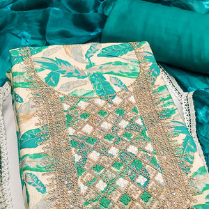 Off White & Teal Floral Printed Pure Cotton Unstitched Dress Material
