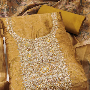 Festive Olive Printed Shimmer Cotton Silk Unstitched Dress Material with Decorative Thread Work