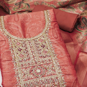 Festive Rust Printed Shimmer Cotton Silk Unstitched Dress Material with Decorative Thread Work