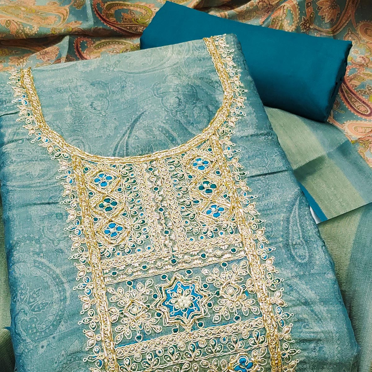 Festive Teal Printed Shimmer Cotton Silk Unstitched Dress Material with Decorative Thread Work