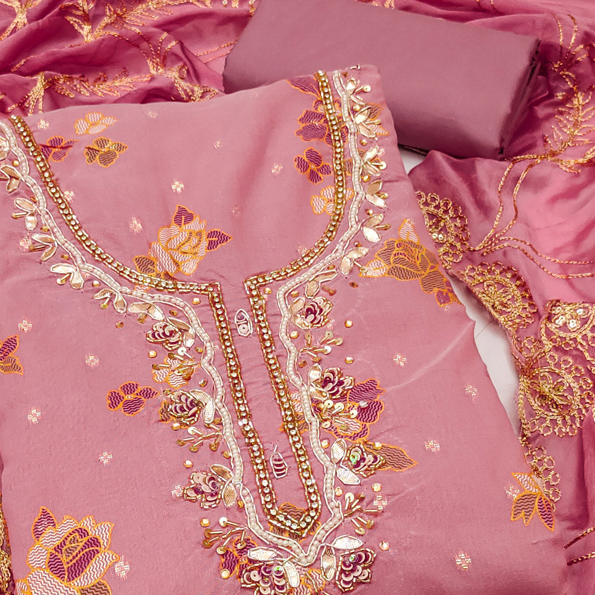 Pink Unstitched Dress Material in Shimmer Cotton Silk with Delicate Thread Work Embroidery