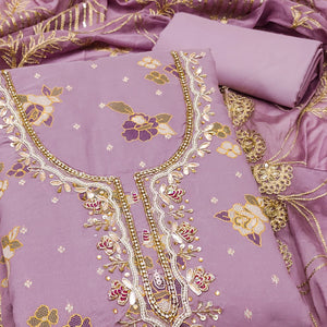 Purple Unstitched Dress Material in Shimmer Cotton Silk with Delicate Thread Work Embroidery
