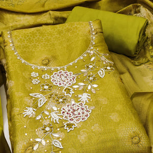 Green Shimmer Cotton Silk Suit Fabric with Printed Motifs and Thread Embroidery
