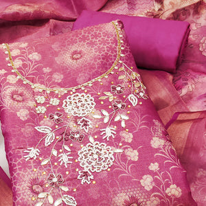 Pink Shimmer Cotton Silk Suit Fabric with Printed Motifs and Thread Embroidery