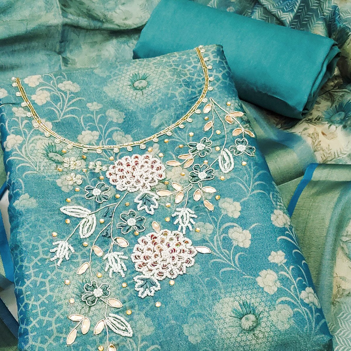 Rama Green Shimmer Cotton Silk Suit Fabric with Printed Motifs and Thread Embroidery