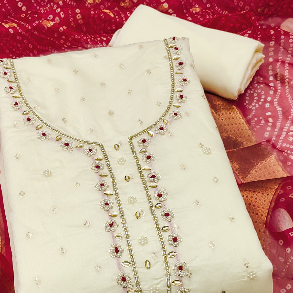 Cream Woven Banarasi Cotton Silk Dress Material with Artistic Bead Work and Classic Texture