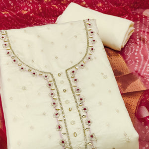Cream Woven Banarasi Cotton Silk Dress Material with Artistic Bead Work and Classic Texture